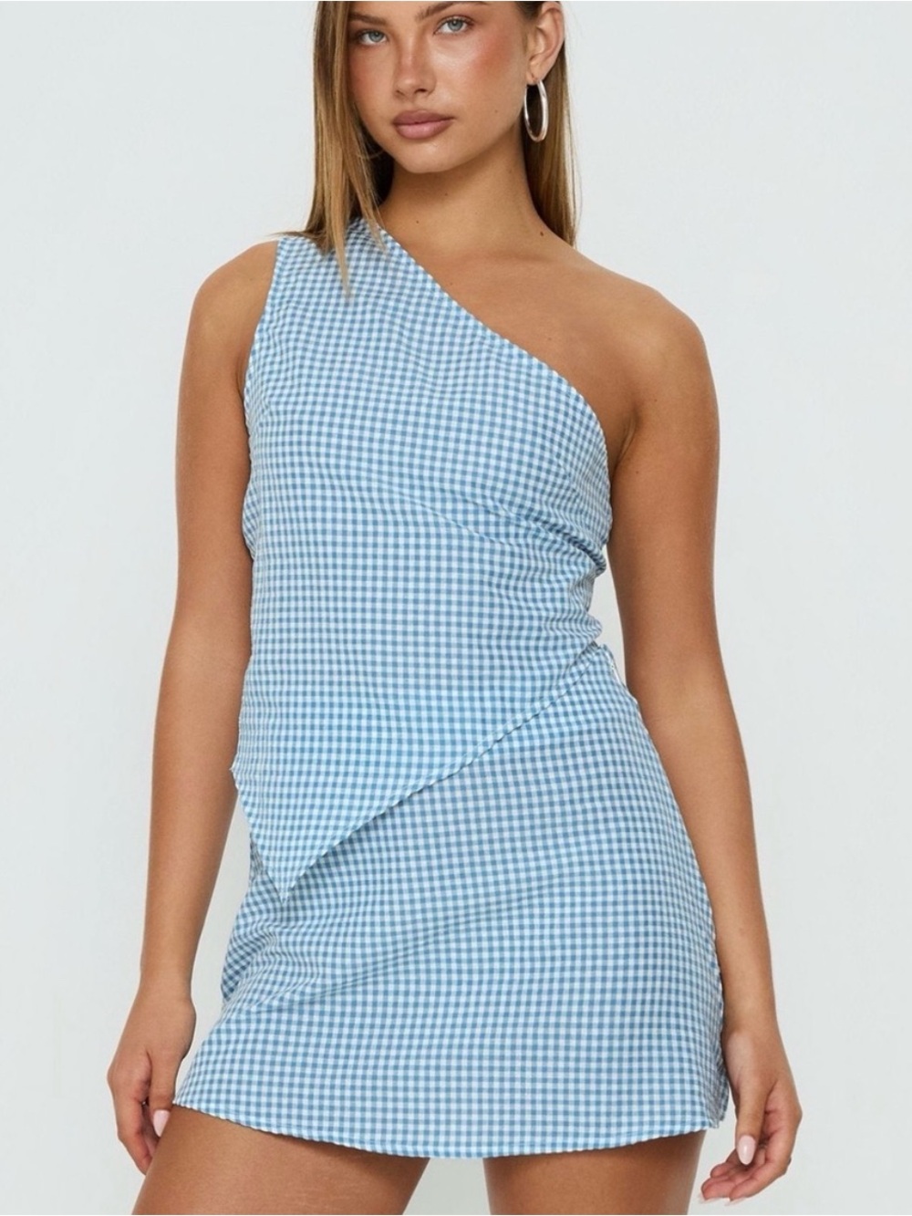 Princess Polly One-Shoulder Light Blue Gingham Mini Dress
